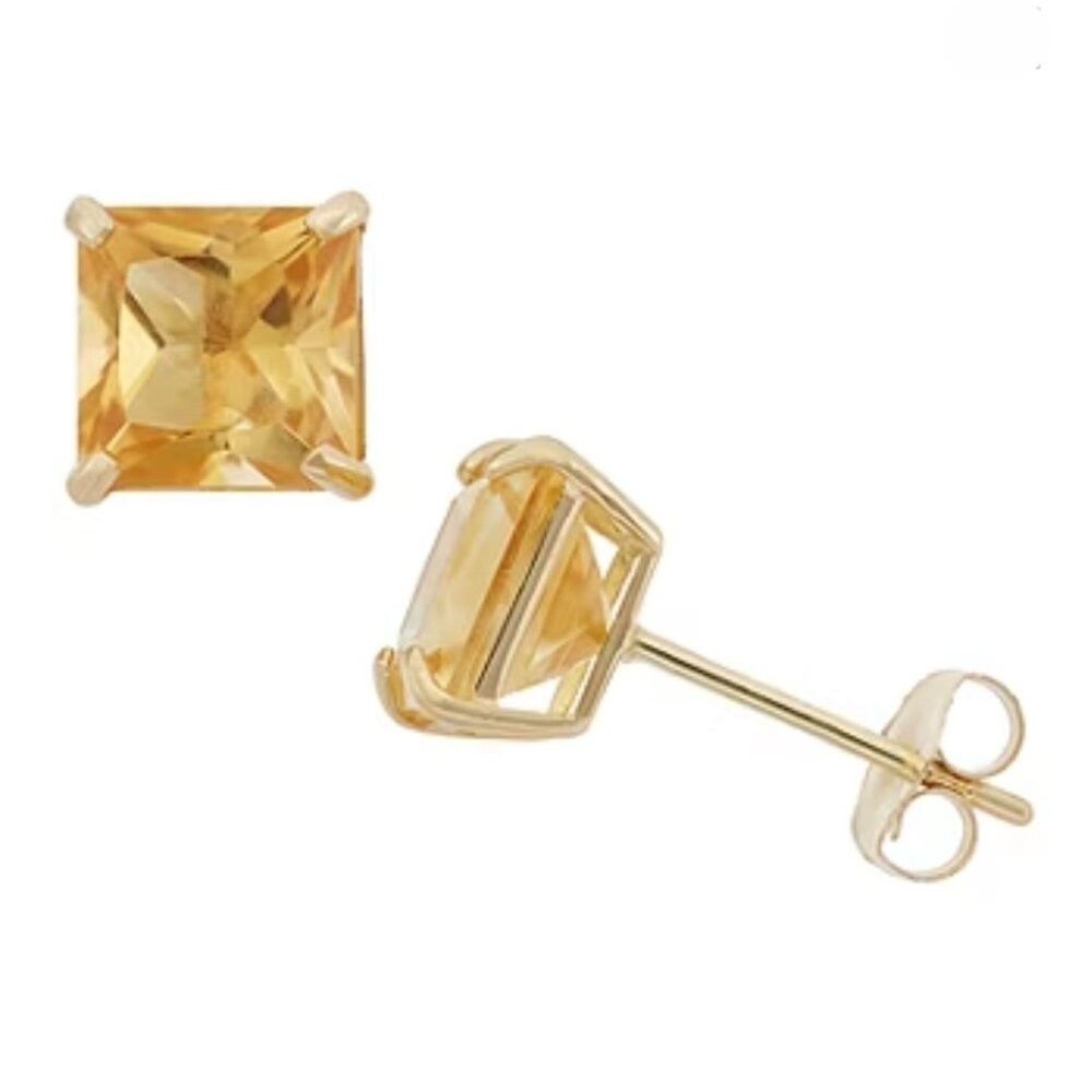 Genuine Yellow Citrine 10K Gold 6mm Princess Cut Stud Earrings